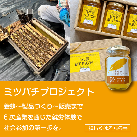 ミツバチプロジェクト 養蜂～製品づくり～販売まで 6次産業を通じた就労体験で社会参加の第一歩を。 詳しくはこちら→