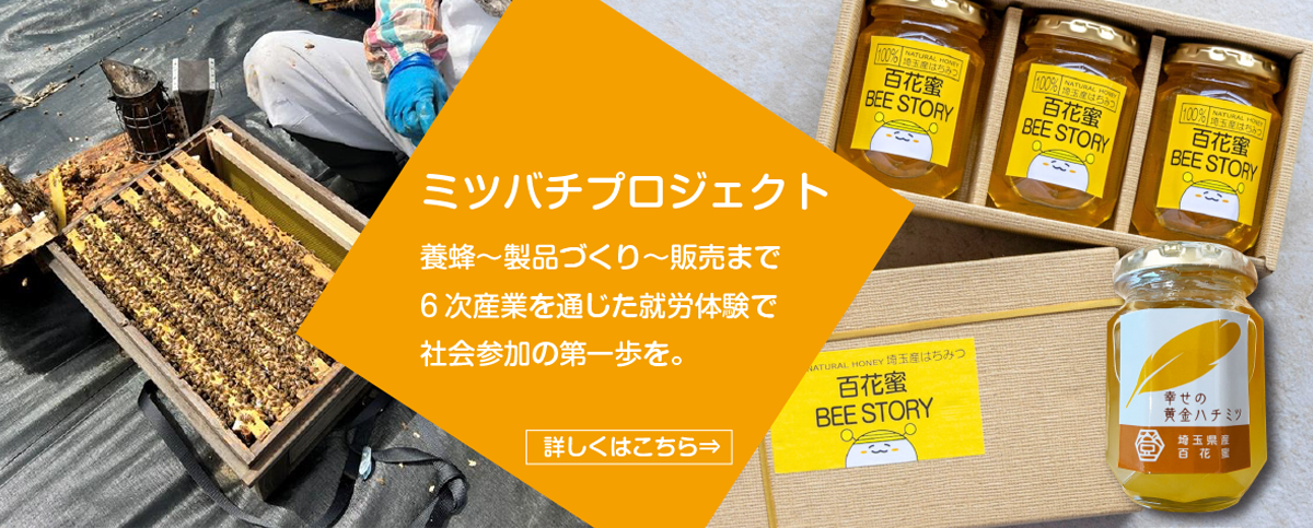 ミツバチプロジェクト 養蜂～製品づくり～販売まで 6次産業を通じた就労体験で社会参加の第一歩を。 詳しくはこちら→